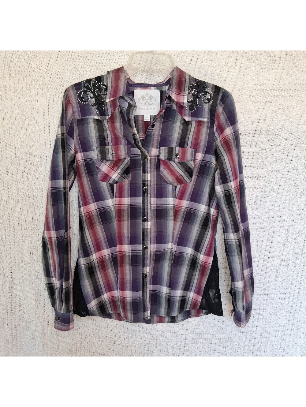 Maurices Premium Plaid Button Shirt Small Purple Pink Rhinestone Lace Y2K